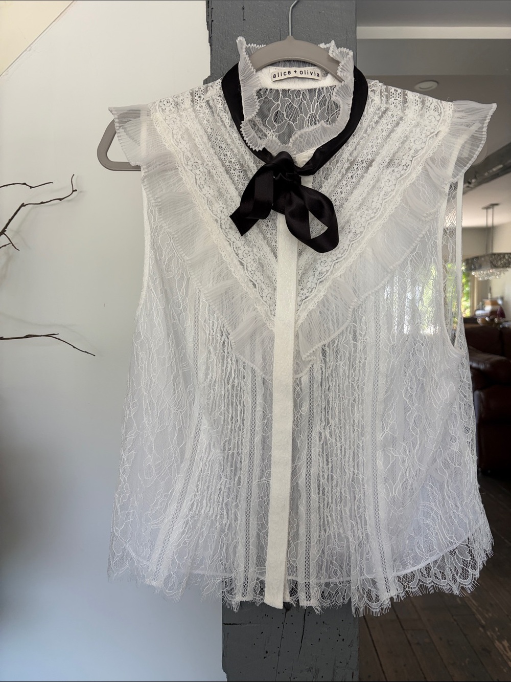 Alice + Olivia White Lace Sleeveless Top with Black Satin Neck Tie